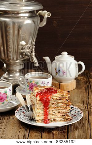 Russian Bliny With Raspberry Jam, Vintage Samovar And Teaware