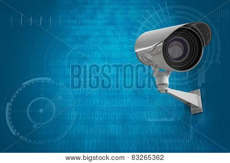 CCTV camera against shiny blue binary code on black background