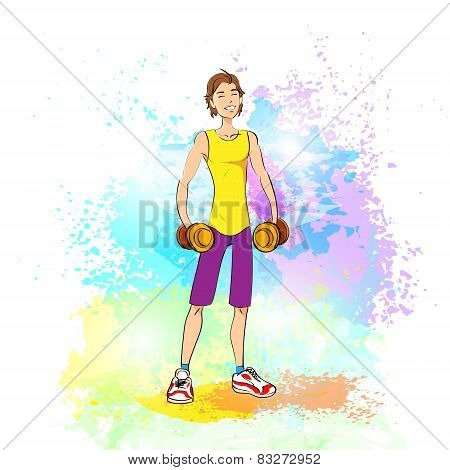 Sport man hold dumbbells fitness trainer, over colorful paint splash background