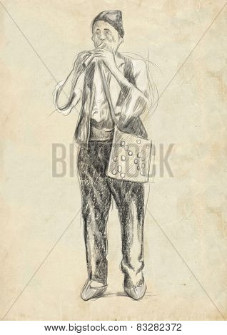 Flute Player. An Hand Drawn Full Sized Illustration, Original.