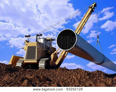 Construction machinery laying pipe in the ground.