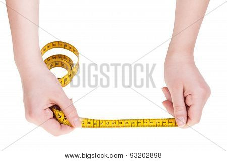 Female Hands With Tailor Measuring Tape Isolated