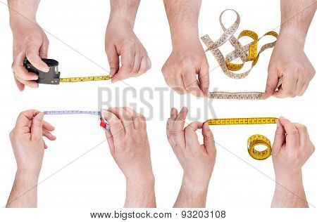 Set Of Male Hands With Measuring Tapes Isolated