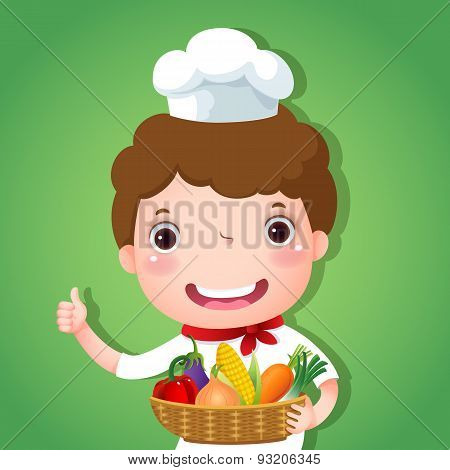 A Smiling Boy Chef Holding A Basket Of Vegetables