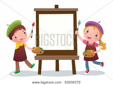 Cartoon Kids With Painting Canvas