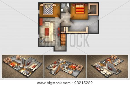 Rendered plan and three isometric views of a furnished house