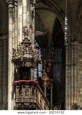 PRAGUE, CZECH REPUBLIC - MAY 2 2015: Ornamental ambo inside historical St Vitus Cathedral, Prague castle, Czech republic