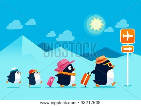 Penguin Family Traveling On Summer Vacation