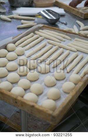 Freshly Made Dough For Rolls Wooden Trays