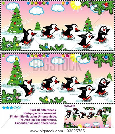 Find the differences visual puzzle - skating penguins