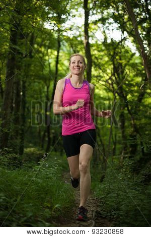 Beautiful Young Woman Runns On Forest  Path