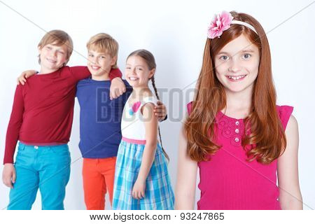 Red girl expressing positivity