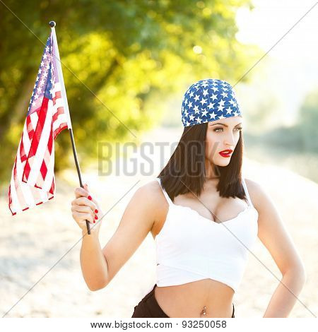 Sexy Brunette Woman Wih Usa Flag Outdoor