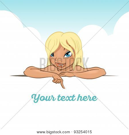 Beach girl behind the banner