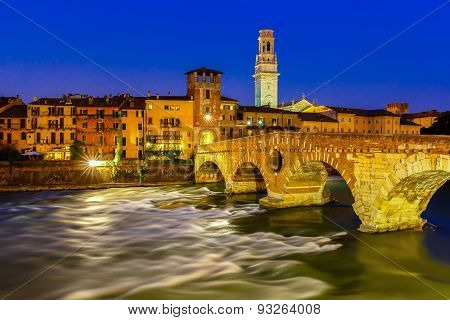 Ponte Pietra and Adige at night, Verona, Italy