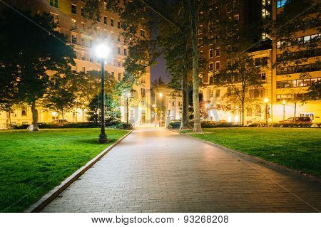 Walkway And Buildings At Night, At Rittenhouse Square In Philadelphia, Pennsylvania.