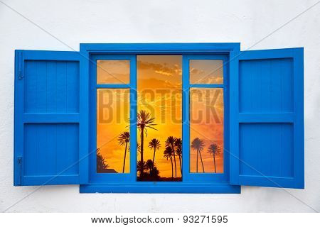 Almeria view from window of Cabo de Gata palm tree sunset photo mount