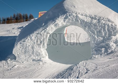 Frozen Tunnel, Snowpark In Dolomites Mountains