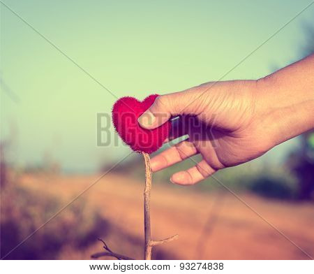 Man hand holding red heart up to the sun during sunset toned with a vintage retro filter effect love and valentine concept
