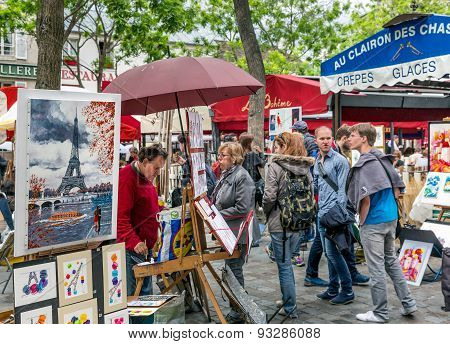 Tourists Visiting Place Du Tertre In Montmartre, Paris, France