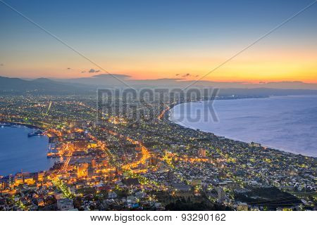 Hakodate, Hokkaido, Japan city skyline from Mt. Hakodate at dawn.