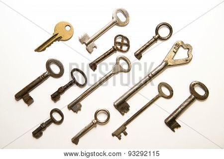 Many Old Keys To The Safe On A White Background