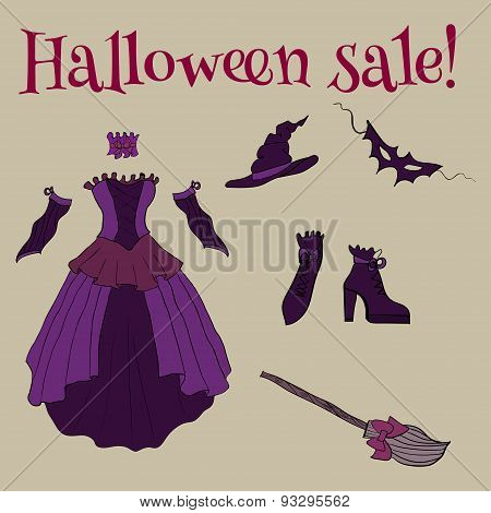 Witch Costume for Halloween. Set of items vector isolated on gradient background