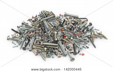 Set of nuts screws bolts screws washers and fastening on a white background. 3d illustration