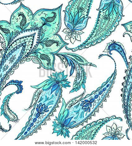 seamless paisleys design on white background. detailed ink illustration. very beautiful gentle traditional paisleys.