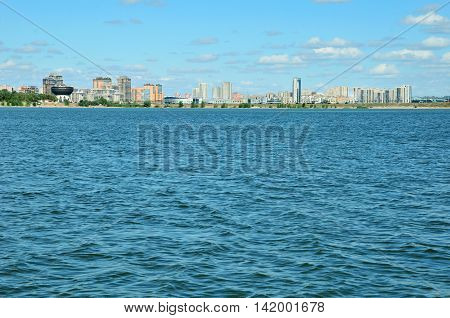 Kazanka River. View of the right bank of the river Kazanka. The city of Kazan, Republic of Tatarstan, Russia.