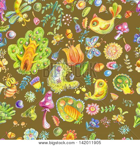 Premium floral seamless raster pattern with nature elements and birds at golden background. Kids style wallpaper. Color pencils hand drawn decor. Hi quality forest illustration.