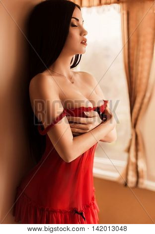 Sexy young woman in beautiful underclothes in her bedroom