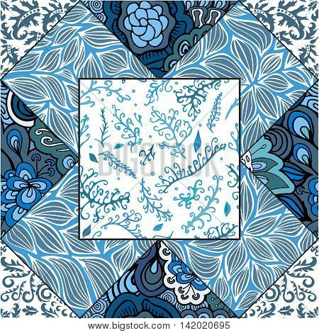 stock vector floral seamless doodle pattern. decorative element.Blue patchwork design