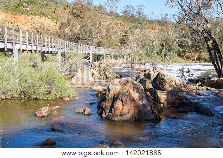 SWAN VALLEY,WA,AUSTRALIA: Tourist on the bridge at the Bell Rapids of the Swan and Avon River intersection with lush flora and rocky riverbed in the Swan Valley in Western Australia.
