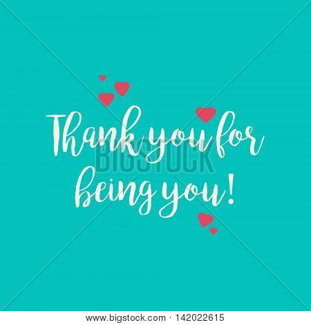 Blue teal Thank you for being you greeting card with pink hearts.