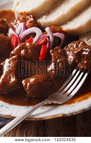 Delicious Hot Czech Goulash Macro In Plate. Vertical