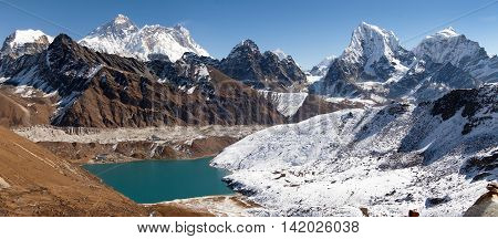 Panoramic view of Everest Lhotse Makalu and Gokyo Lake from Renjo La pass - way to Everest Base camp Three passes trek Khumbu valley Sagarmatha national park Nepal