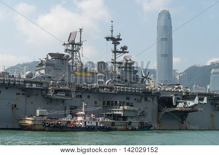 HONG KONG, CHINA - Sept 18:The U.S. amphibious assault ship USS Bonhomme Richard pulled in Hong Kong waters on Sept 18,2013 to get replenishment.Commissioned in 1998, the 40,500-ton vessel.