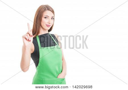 Beautiful Female Seller Pointing Finger Up