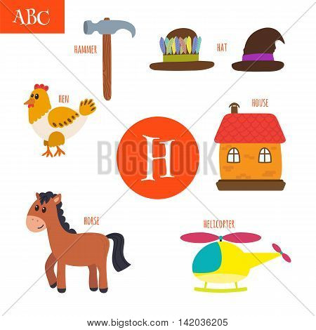 Letter H. Cartoon Alphabet For Children. Hen, Horse, Hat, House, Helicopter, Hammer