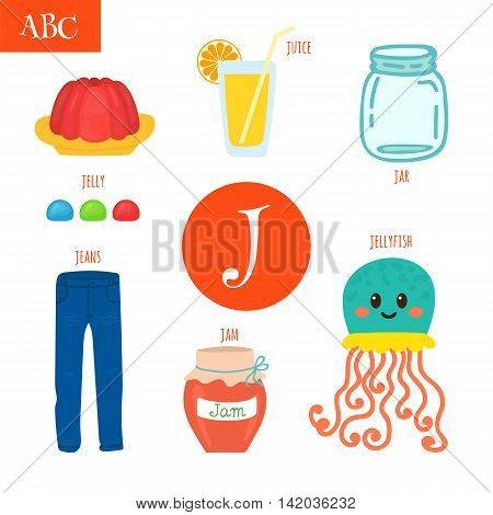 Letter J. Cartoon Alphabet For Children. Jellyfish, Jelly, Jar, Juice, Jam, Jeans