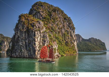 Traditional ships sailing in Halong Bay, Vietnam
