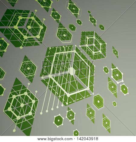 Bauhaus art dimensional composition perspective green modular vector backdrop with honeycombs.