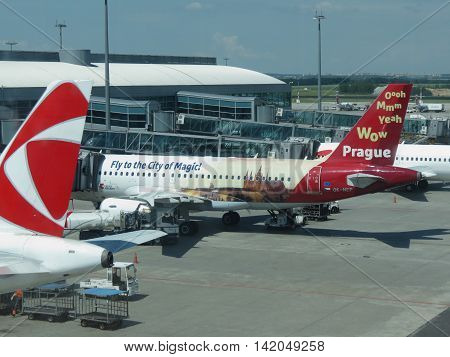 PRAGUE CZECH REPUBLIC - CIRCA JUNE 2016: aircrafts of the Czech Airlines parked at the airport