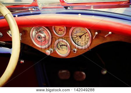 Zaporozhye, Ukraine - May 17, 2014: First All-Ukrainian festival of vintage cars Zaporozhye Gate . 118 cars and 12 motorcycles participated in the festival.