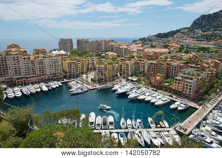 MONACO, MONACO - JUNE 17, 2015: View to Fontvieille and Monaco Harbor in Monaco, Monaco.