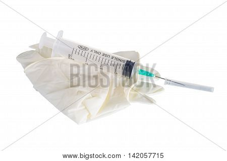 syringe rubber gloves isolated, on a white background