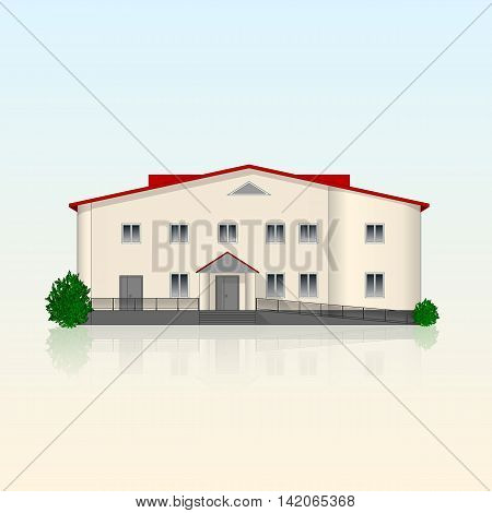 Realistic separately standing office building with beige plastered front and reflection. Bright contemporary facade with ramp and bushes. Vector illustration.