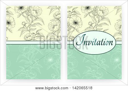 Peonies template for flyer, banner, brochure, invitation, placard, poster. Floral background with peonies. Vintage greeting card with blooming flowers. Vector illustration.