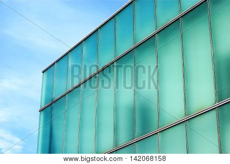 glass building aqua and blue, office place perspective corner